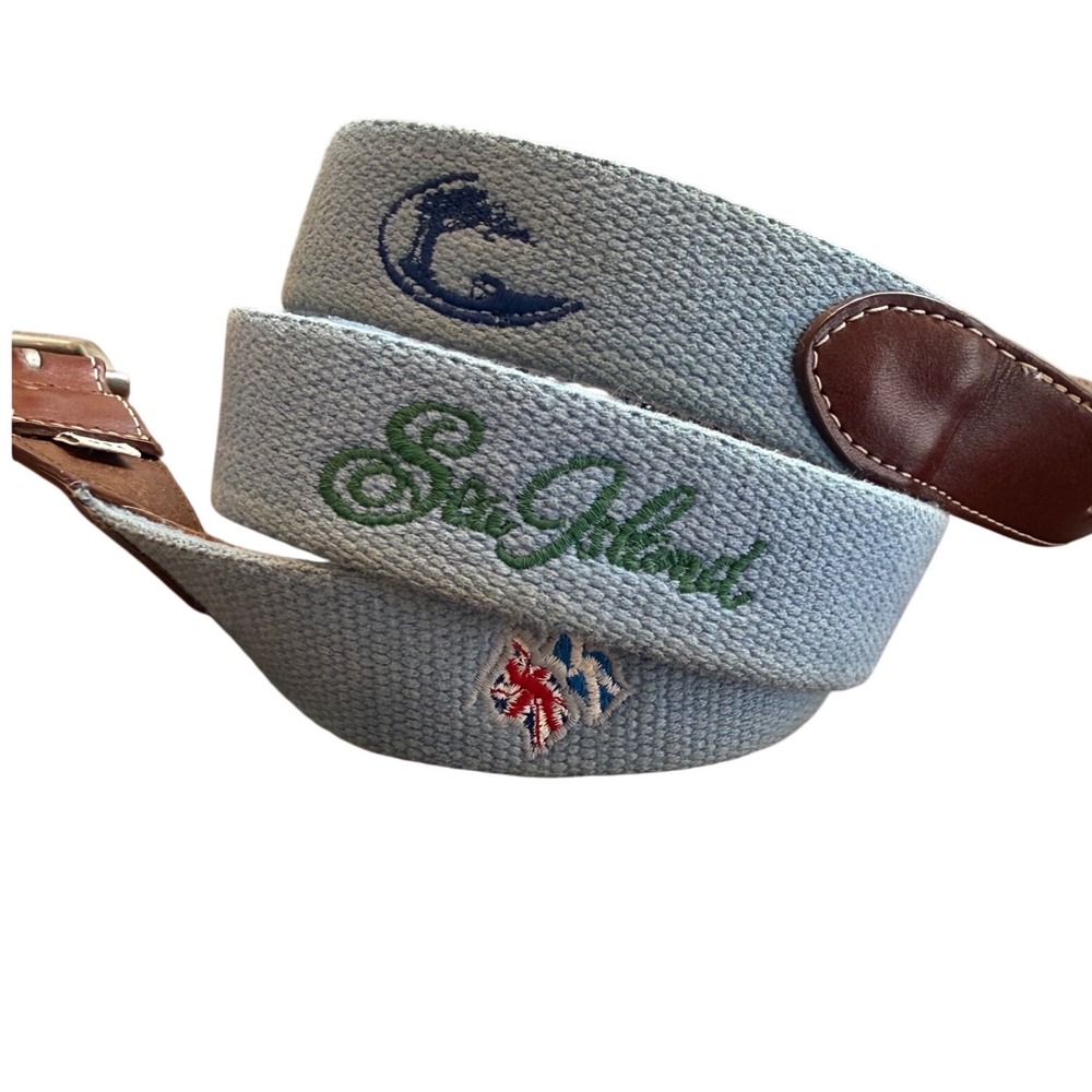 Peter Millar Mens 40 Belt Sea Island Ocean Forest Embroidered Leather Light Blue